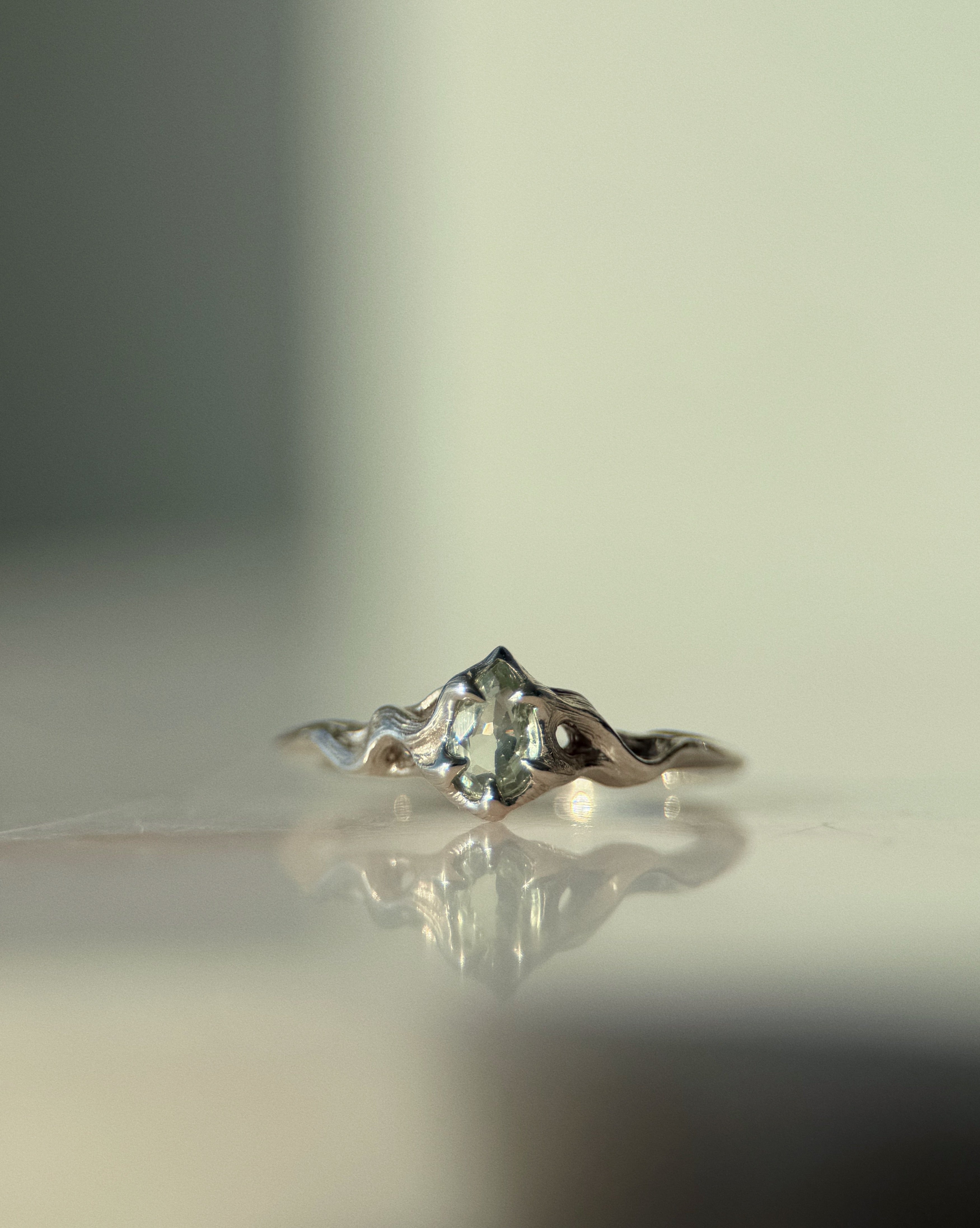 Pyre Pt II // 14kw Gold + Pale Green Sapphire // 8.5
