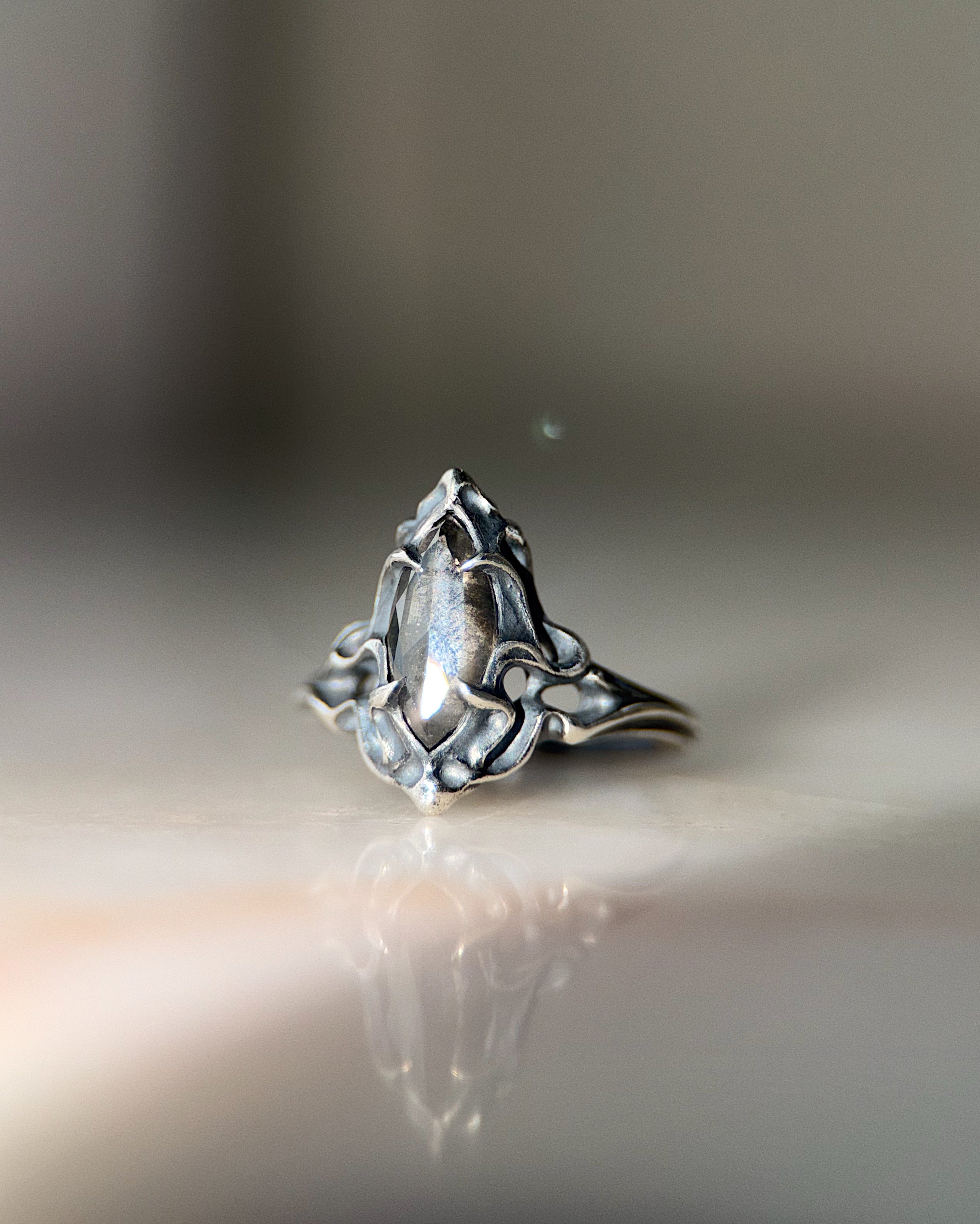 ecclesia fouet i ring in sterling silver set with 5 x 11 mm marquise salt and pepper diamond