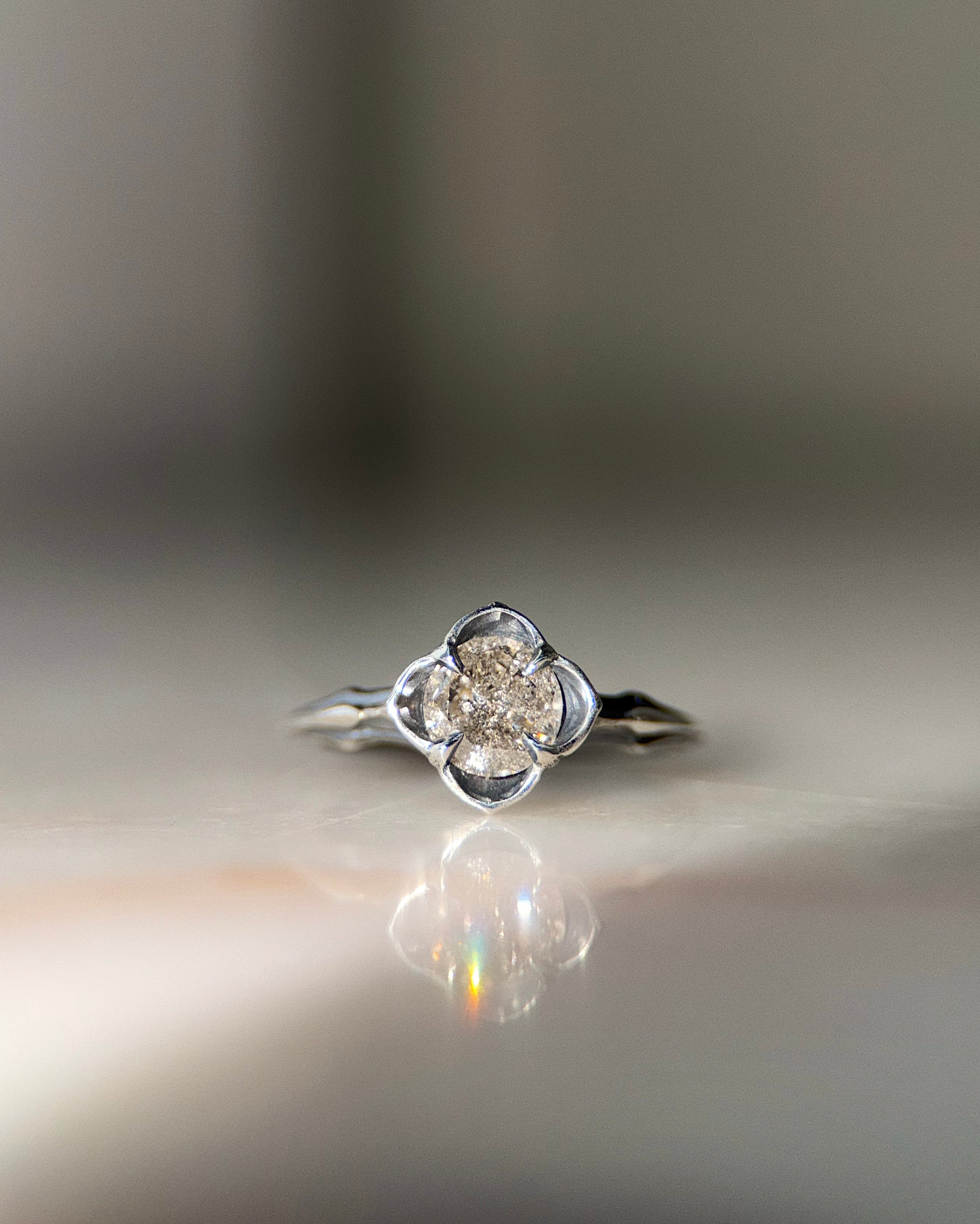 ecclesia baby daphne ring in sterling silver set with 6.5mm round lab grown salt and pepper diamond