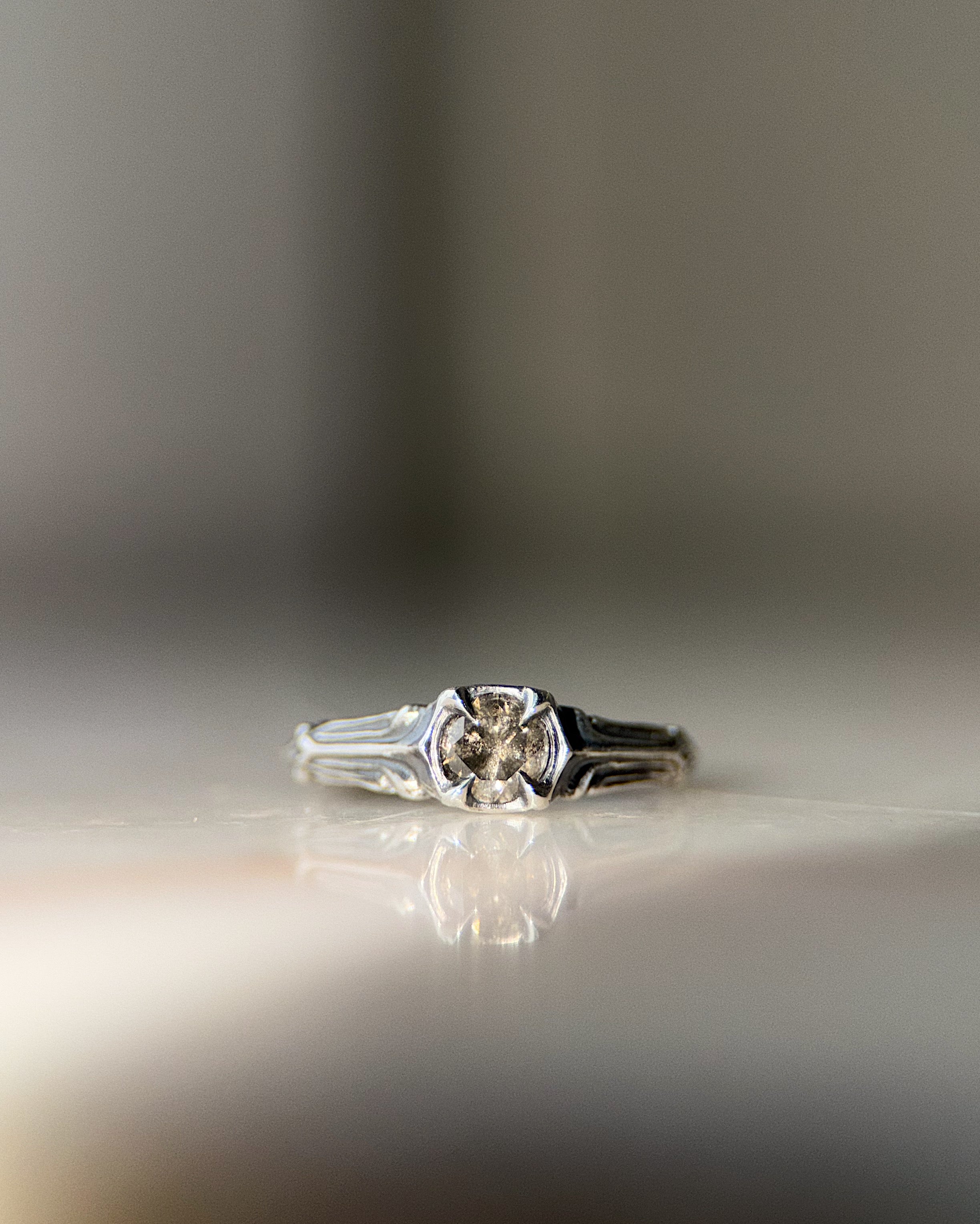 ecclesia pillar ring in sterling silver set with 5mm round salt and pepper diamond