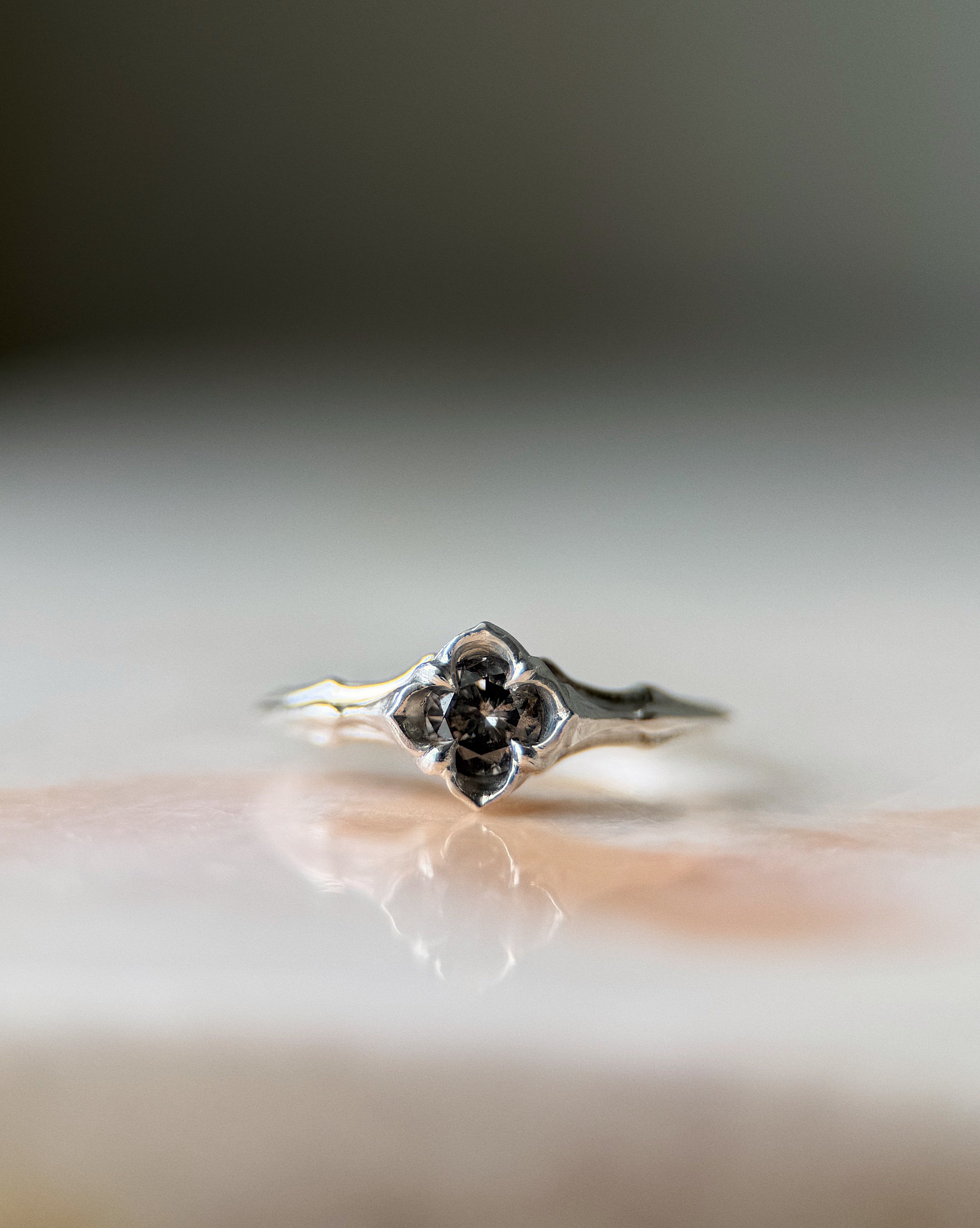 ecclesia baby dapne ring in sterling silver set with dark 5mm round salt and pepper diamond
