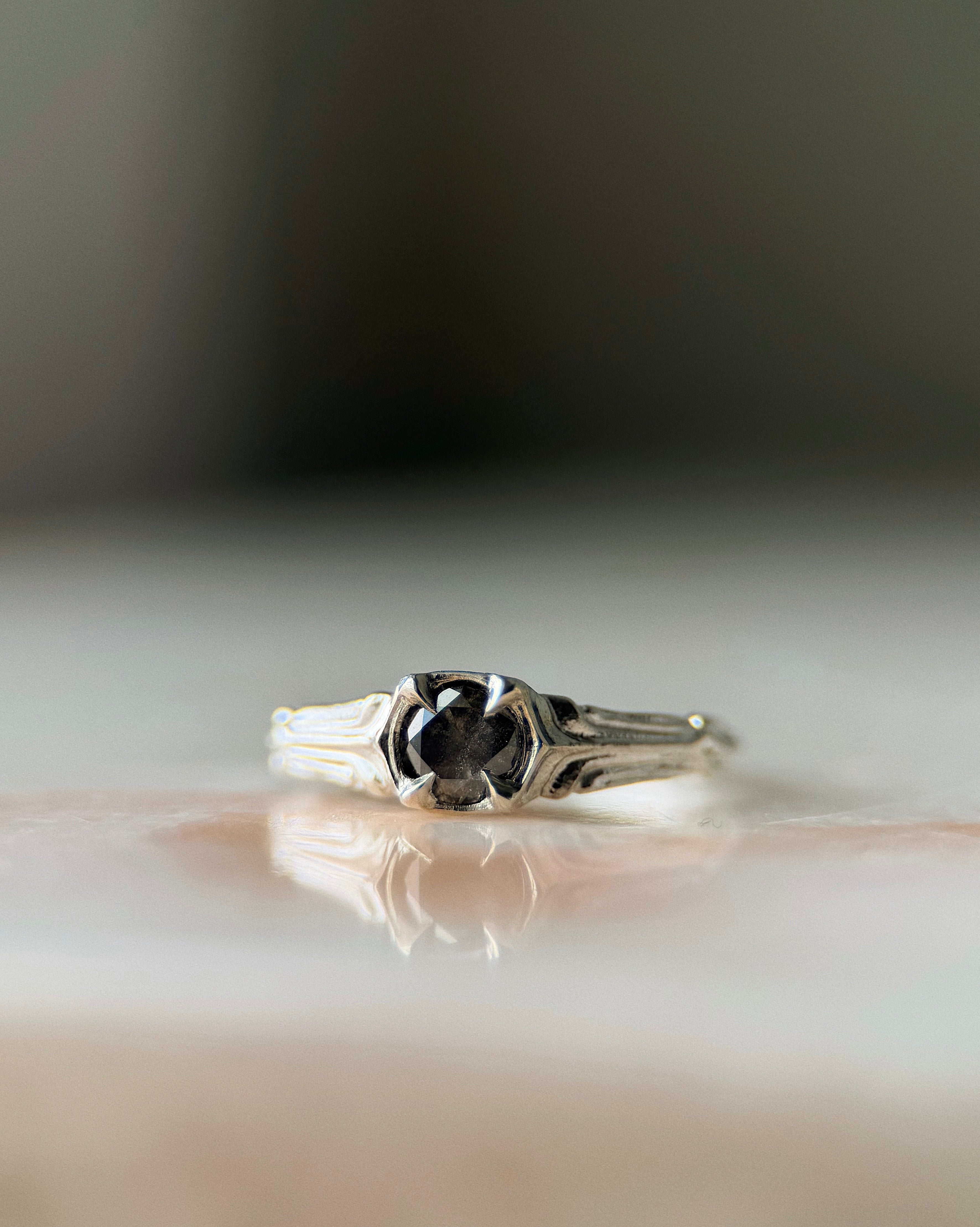 ecclesia pillar ring in sterling silver set with 5mm round dark salt and pepper diamond