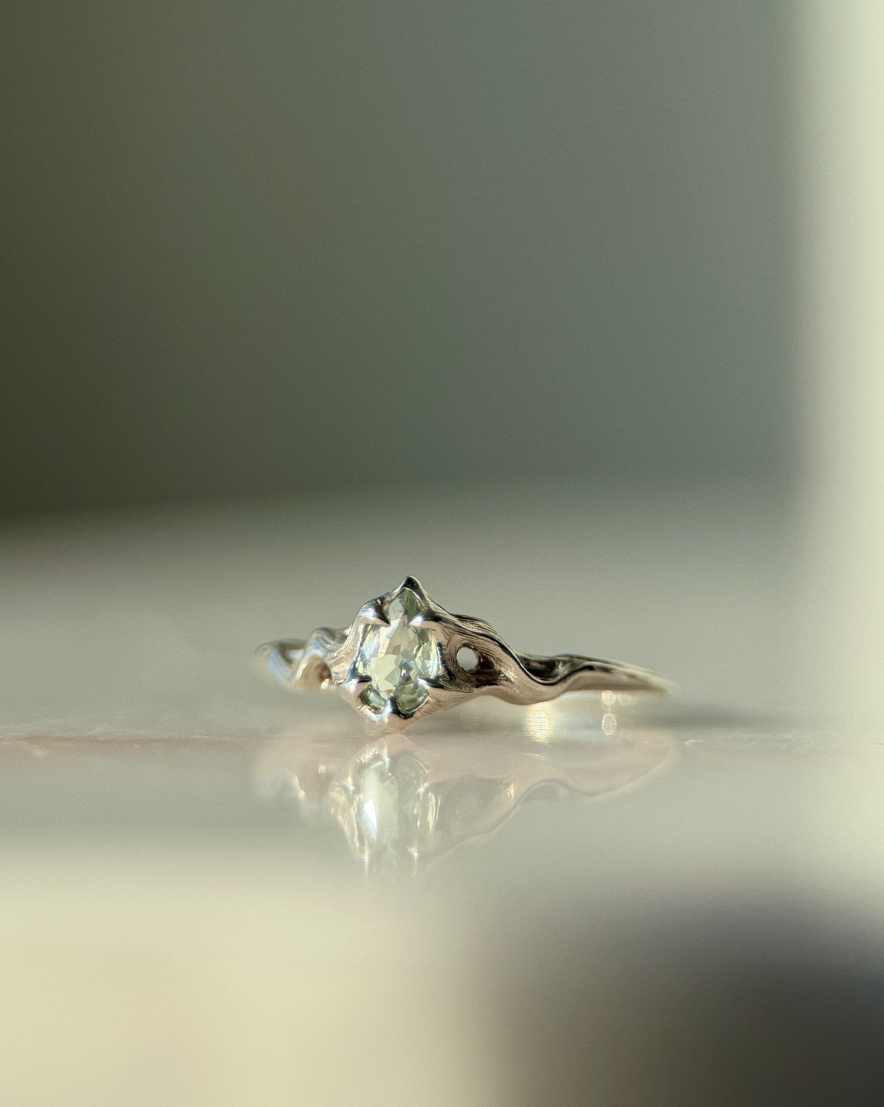 Pyre Pt II // 14kw Gold + Pale Green Sapphire // 8.5
